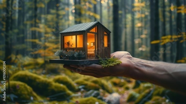 Fototapeta Hand offering a tiny house model, depicting minimalist living, copy space, sustainable lifestyle, dynamic, Fusion, forest backdrop