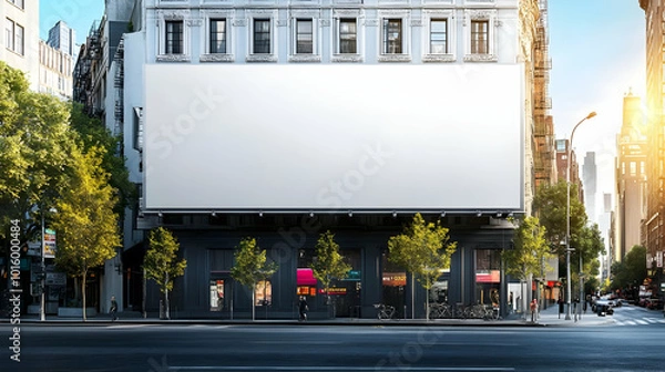 Fototapeta A Large Blank Billboard Hangs on a Building in a Bustling City Setting with Trees and Traffic