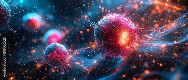 Fototapeta Detailed image of cancer cells under a microscope, representing cuttingedge diagnostic techniques and treatment strategies, high resolution, scientific precision