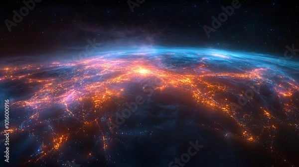 Fototapeta Earth at night with glowing city lights and swirling clouds, seen from space.