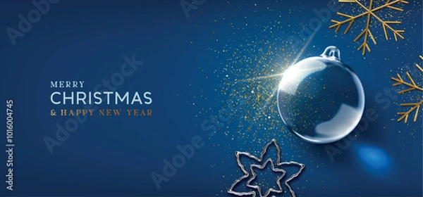 Fototapeta Merry Christmas and Happy New Year background. Christmas realistic 3d transparent ornament, glass star, flat top view, gold metallic snowflakes and confetti. Light blue background. Vector illustration
