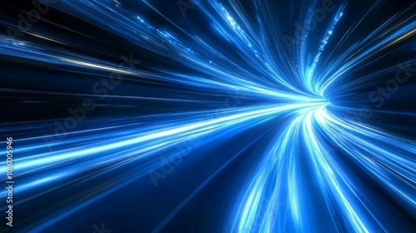 Fototapeta Dynamic abstract design featuring vibrant light streaks, conveying a sense of speed and motion, set against a backdrop of cool blue tones for an energetic visual experience.