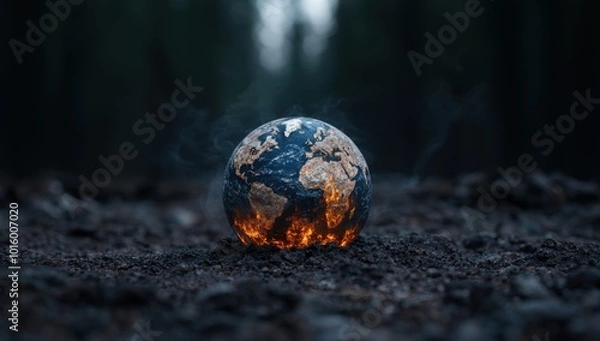 Fototapeta Burning earth globe in dark environment