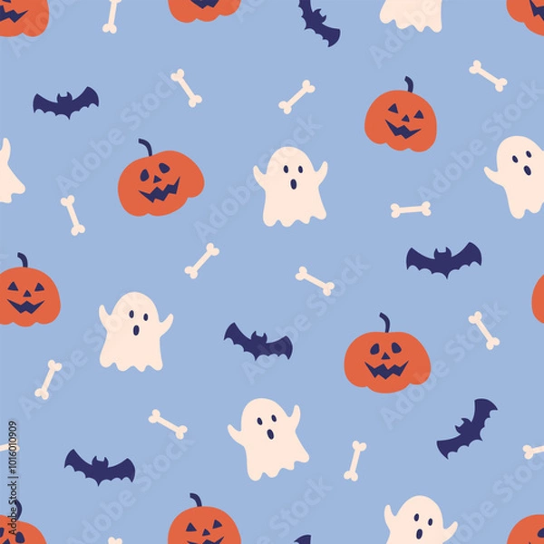 Fototapeta Halloween seamless pattern. Cute background for Halloween party fabric or kids stuff. Pumpkin monsters, ghosts, bats and bones in cartoon flat style. Vector illustration 