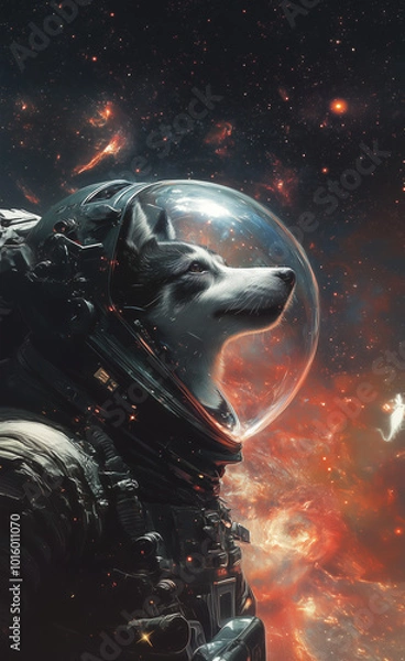 Fototapeta Siberian husky in space suit in outer space generated by AI