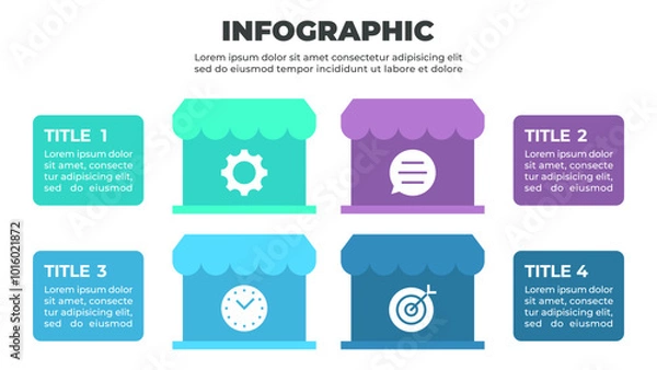 Fototapeta A colorful infographic illustrating a four-step process represented by four store