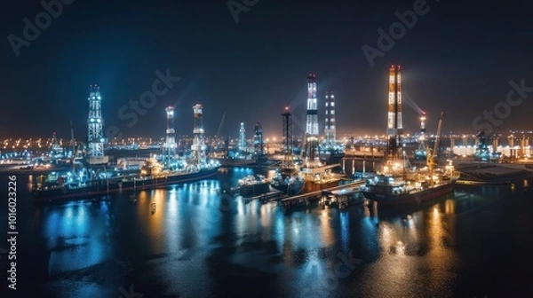 Fototapeta Illuminated Oil Rigs and Ships Docked in a Harbor at Night