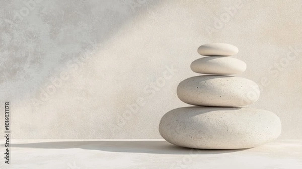 Fototapeta A stack of four smooth white stones against a light beige background.