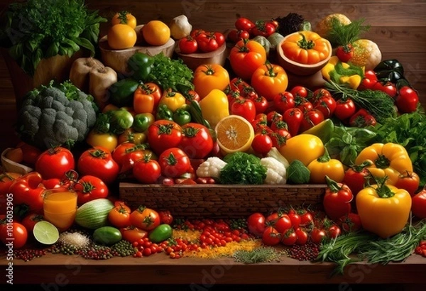 Fototapeta colorful mosaic fresh organic ingredients featuring assorted vegetables fruits herbs spices visual feast, arrangement, food, nature, colors, textures