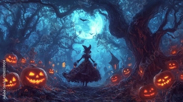Fototapeta Enchanting Halloween scene featuring a witch, glowing pumpkins, and a mystical night sky, creating an eerie yet magical atmosphere.