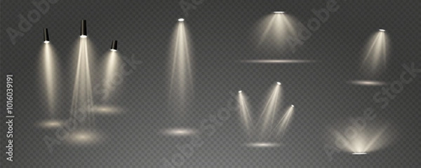 Fototapeta The vector set of light includes a light source, studio lighting, walls, and a PNG. It also includes spotlight lighting and a spotlight PNG. Finally, it includes light beams and a light effect.