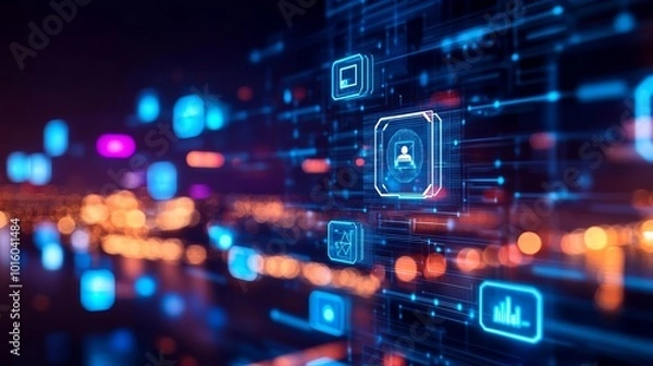 Obraz Blockchain and smart city synergy, floating digital holograms, futuristic urban planning