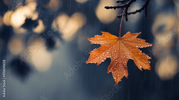 Obraz Orange maple leaf hanging in autumn rain, with water droplets enhancing the texture of the leaf.