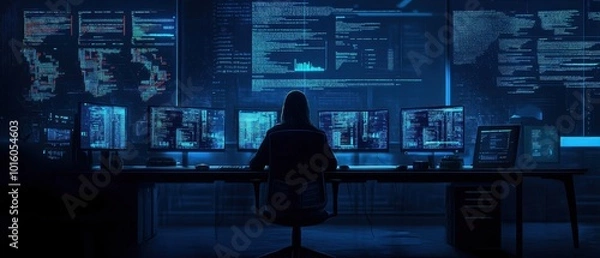 Fototapeta Person working on multiple screens, analyzing data in a dark, high-tech environment.