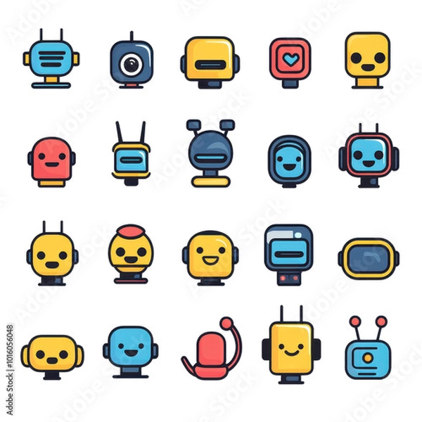 Fototapeta Colorful cartoon robot icons with various expressions and designs, perfect for digital projects and technology concepts.