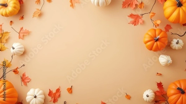 Fototapeta Halloween decorations on a light brown background with a flat lay perspective and ample copy space