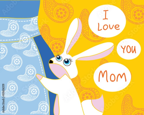 Fototapeta I love you mom - cute rabbit hug mother. Mother's Day greeting card with hand writing text. Abstract mother figure wear a hoover apron. Beautiful yellow gift card for mom's birthday.