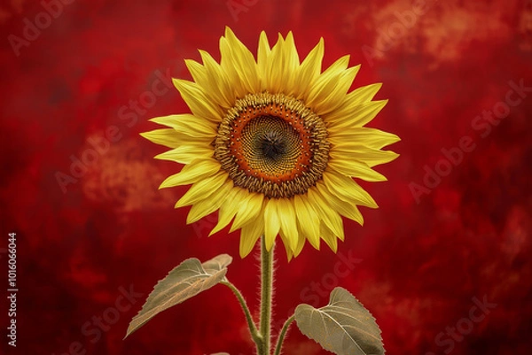 Fototapeta A vibrant sunflower stands tall against a red textured background, showcasing its bright yellow petals and intricate center.