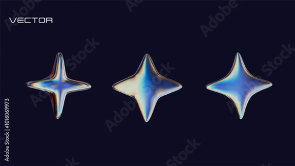 Fototapeta Three holographic chrome element in Y2K style. 3D abstract futuristic stars isolated on dark background. Vector shapes