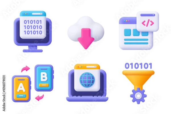 Obraz Web development , SEO, coding and programming 3d vector icon set. Cartoon minimal style.