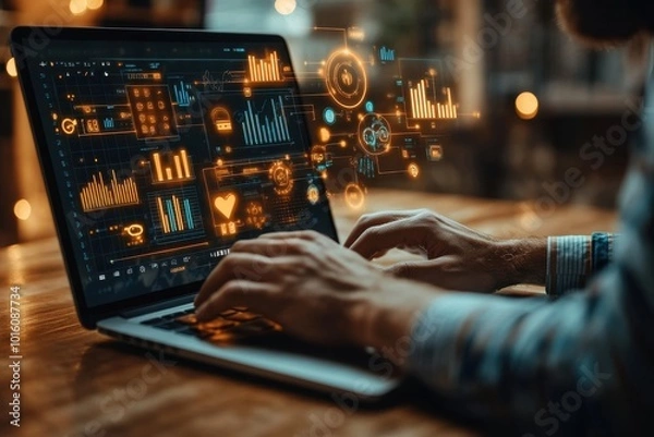 Fototapeta A person is typing on a laptop with a screen displaying a lot of numbers