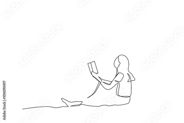 Fototapeta young beautiful woman reading a book on the park ground relax time happy life one line art design vector