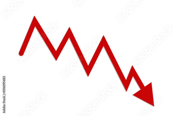 Fototapeta PNG image of Down Arrow graph in Red color with shadow.