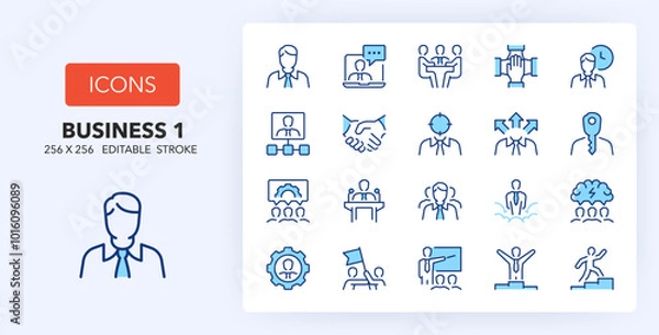 Fototapeta Line icons about business people and corporate management. Contains such icons as leader, handshake, teamwork and more. 256x256 Pixel Perfect editable in two colors. Set 1 of 2