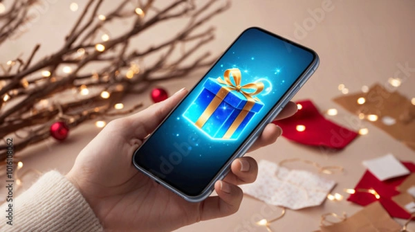 Fototapeta Hand holding smartphone with glowing Christmas gift box with ribbons on festive theme background. Christmas online shopping, ordering gifts in online store