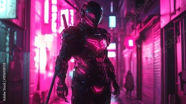 Fototapeta Futuristic samurai warrior stands boldly in a vibrant neon-lit alley at night, showcasing a blend of ancient armor and modern technology