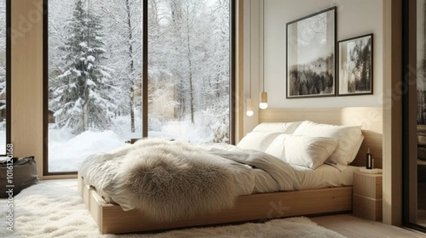 Fototapeta A cozy Scandinavian bedroom with a light wood bed frame, fluffy white bedding, and large windows allowing natural light to flood the space