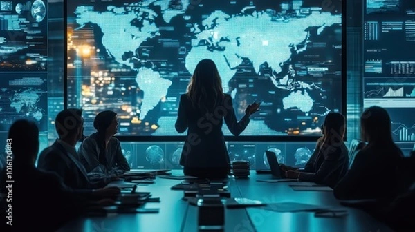 Fototapeta A businesswoman presenting international trade strategies to a team of executives, modern boardroom with digital charts and maps