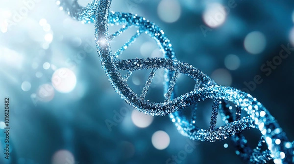 Fototapeta A microscopic view of a double helix DNA structure against a science background. Symbolizing genetics and biological research. DNA Abstract Background. Medical Science. DNA structure. DNA strands