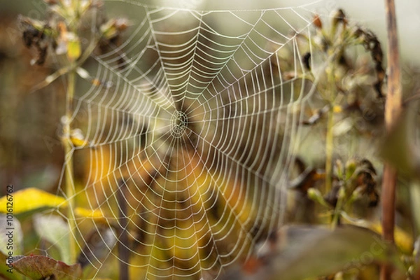 Fototapeta Spider webs with dewdrops of rain on an overcast autumn morning