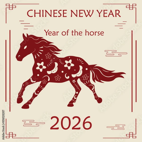 Fototapeta Happy Chinese traditional New Year 2026 backgrounds with red horse with flowers and Chinese ornaments. Vector New Year banners, posters, newsletters, greeting card, postcard