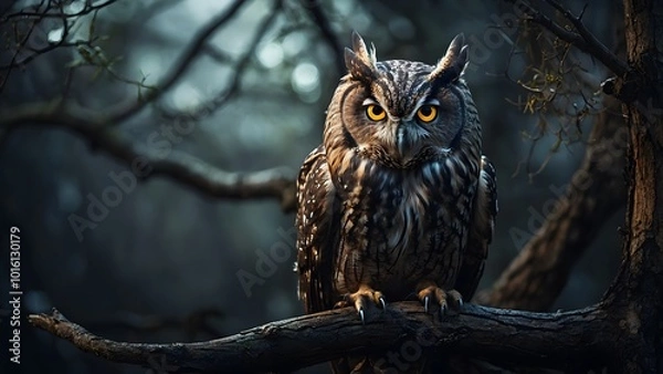 Fototapeta A Majestic Owl Perched on a Branch in a Dark Forest During Twilight