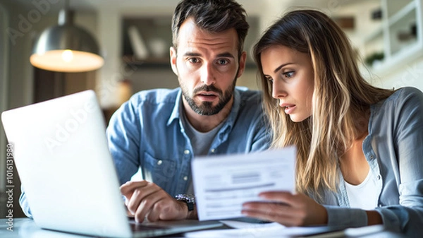 Fototapeta Concerned Man Reviewing Credit Payments with Partner, Finding Discrepancies.