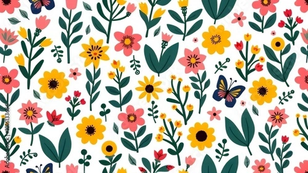 Fototapeta Bright Nature Pattern Flowers, Leaves, and Butterflies on White