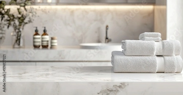 Fototapeta Neatly folded white towels on a marble countertop in a minimalist, luxurious bathroom with soft lighting and stylish decor