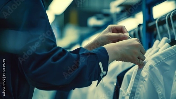Fototapeta Close-up of hands adjusting shirts on hangers in a clothing store, capturing attention to detail and precision in a retail environment.