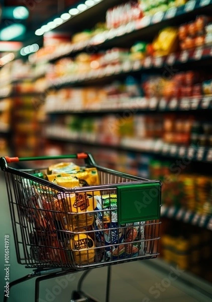 Fototapeta A shopping cart filled with groceries in a colorful supermarket aisle.