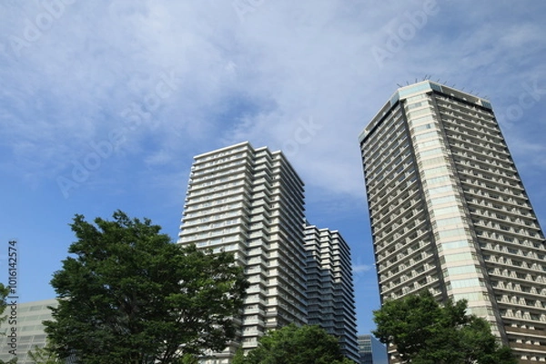 Fototapeta 横浜みなとみらいにある高いビジネスビルや施設のある都市風景