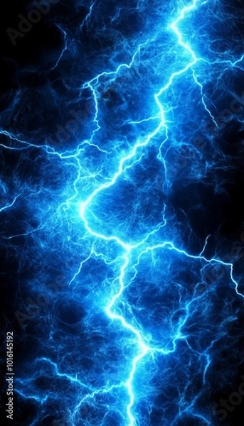 Fototapeta Blue Lightning Bolt Striking Through Dark Stormy Sky With Bright Electric Current Discharge