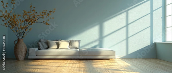Fototapeta minimalist living room featuring light blue wall, modern sofa with cushions, and decorative vase with branches. sunlight casts beautiful shadows, creating serene atmosphere
