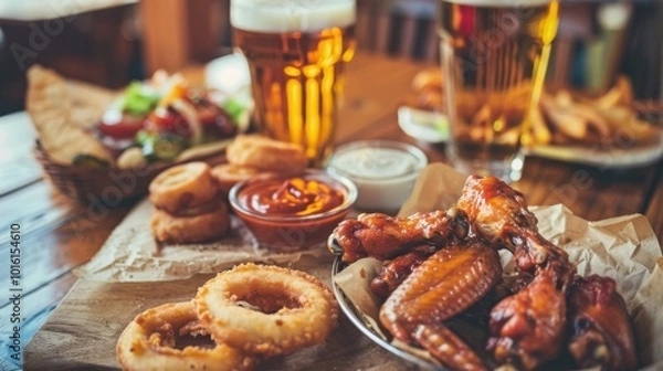 Fototapeta A hearty selection of appetizers including chicken wings, onion rings, and beer is displayed on a wooden table, evoking a welcoming, social vibe.