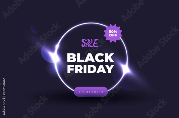 Obraz stylish vector template shiny silver circle with inscribition black friday and purple stickers on dark background