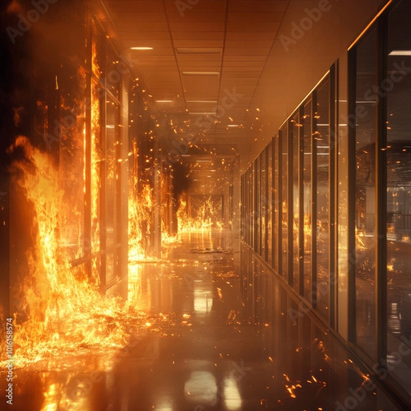 Fototapeta empty office complex engulfed in flames, with fire tearing through hallways, creating dramatic and intense scene. reflections on polished floor enhance chaotic atmosphere