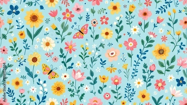 Fototapeta Charming Floral Print with Butterflies in Vibrant Colors
