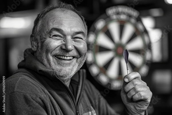 Fototapeta In a classic black-and-white photo, a man confidently holds a dart in front of a dartboard, symbolizing skill, focus, and timeless enjoyment of games.