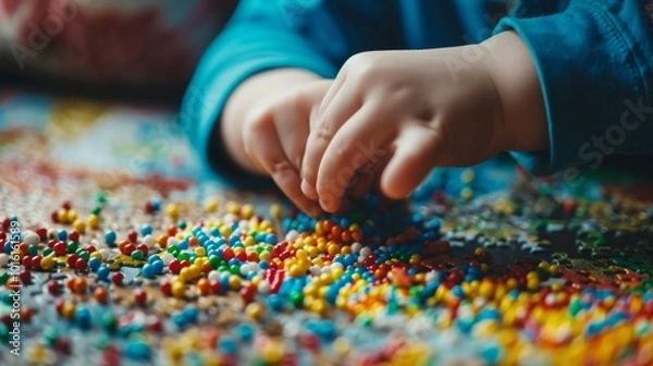 Fototapeta Tiny hands arranging colorful beads on a patterned mat, expressing creativity and the innocence of childhood play.